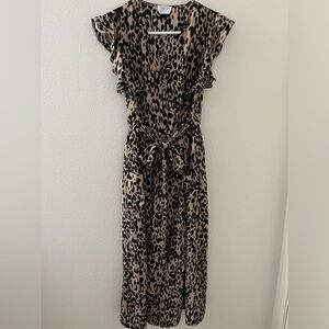 Sienna Sky Faux Wrap Leopard Print Ruffle Sleeve Tie Midi length Dress Small